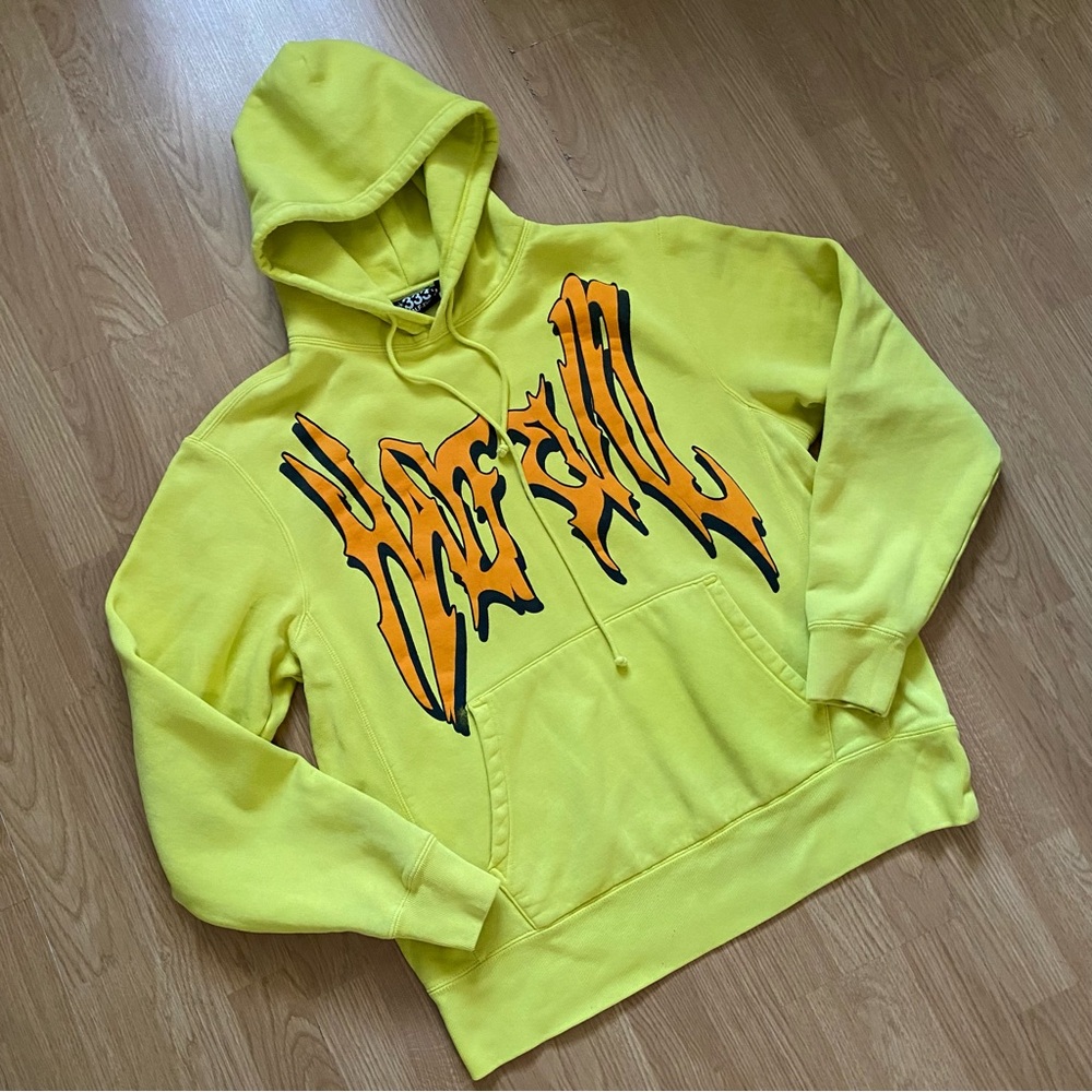 Half Evil 333 Yellow Hoodie Sweatshirt Puffy Print Mens Large